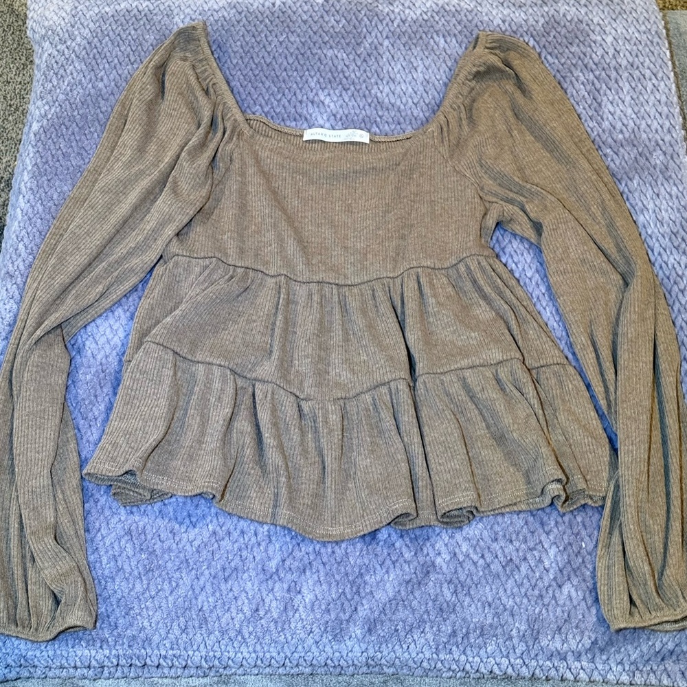 Altar'd State Brown Tiered Long Sleeve Blouse